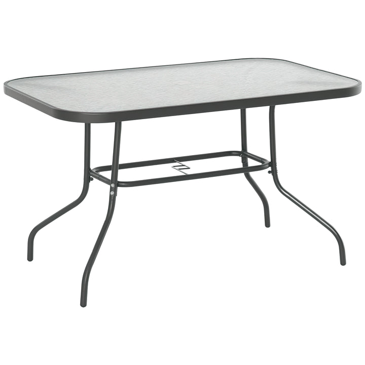 Mesa retangular de metal para jardim com orifício para guarda-sol Capacidade 70kg Vidro temperado 120x80x70 cm Cinza carvão