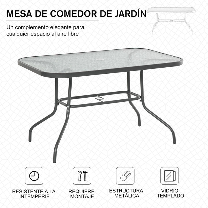 Mesa retangular de metal para jardim com orifício para guarda-sol Capacidade 70kg Vidro temperado 120x80x70 cm Cinza carvão