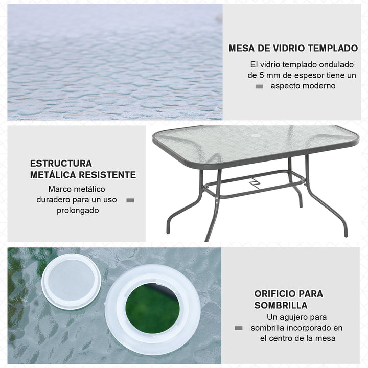 Mesa retangular de metal para jardim com orifício para guarda-sol Capacidade 70kg Vidro temperado 120x80x70 cm Cinza carvão
