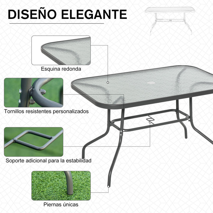 Mesa retangular de metal para jardim com orifício para guarda-sol Capacidade 70kg Vidro temperado 120x80x70 cm Cinza carvão
