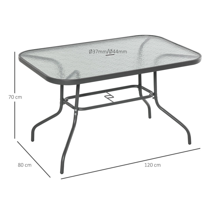 Mesa retangular de metal para jardim com orifício para guarda-sol Capacidade 70kg Vidro temperado 120x80x70 cm Cinza carvão