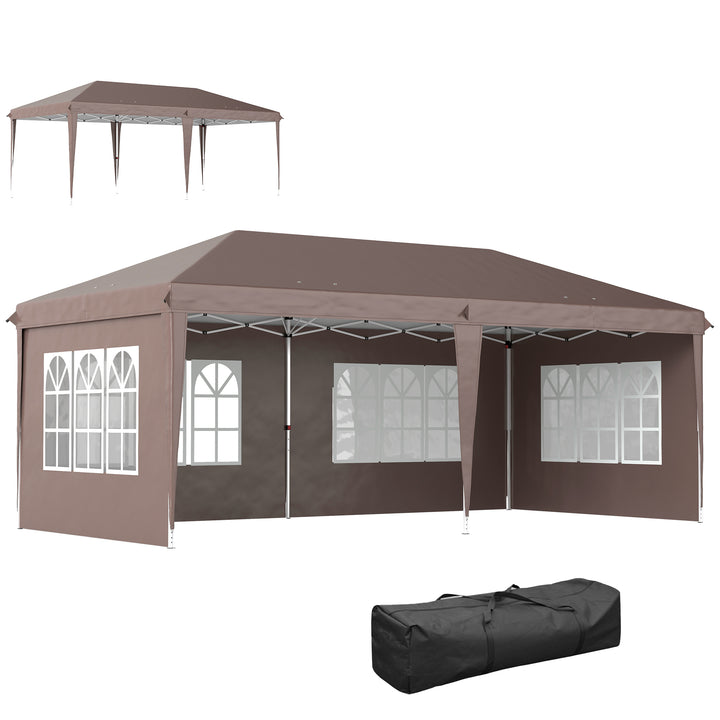 Tenda Dobrável 6x3 m Pop-up com 4 Laterais Removíveis Toldo de Jardim com 4 Janelas Visíveis Bolsa de Transporte UPF50+ Tenda para Campismo Festas Exterior Castanho