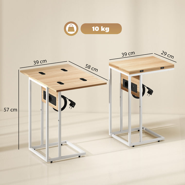 Mesa Auxiliar com Estação de Carga Mesa Auxiliar para Sofá com Tampo Dobrável e Pés Ajustáveis Mesinha Auxiliar para Sala Quarto 39x29x57 cm Branco e Madeira