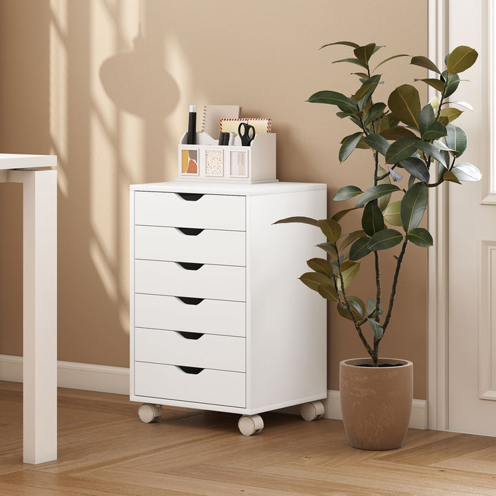 Bloco de Gavetas Móvel Arquivador com 6 Gavetas Suporte para Impressora com Rodas Guias Deslizantes Silenciosas para Escritório Casa 40x35x63 cm Branco