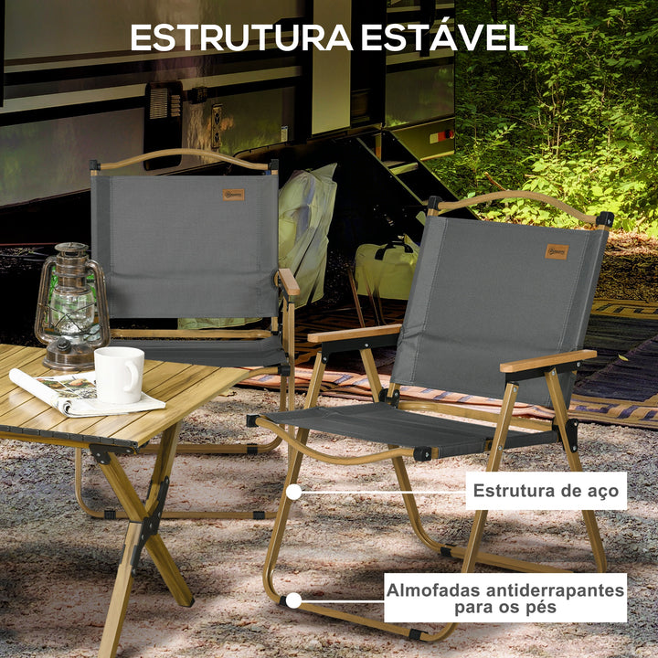 Conjunto de 2 Cadeiras Dobráveis de Campismo Cadeiras Portáteis com Apoios de Braços e Estrutura em Aço Cadeiras para Pesca Jardim Terraço 54x59x78 cm Cinzento Escuro
