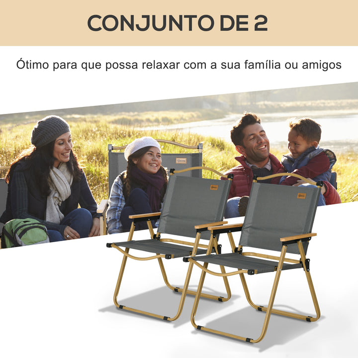 Conjunto de 2 Cadeiras Dobráveis de Campismo Cadeiras Portáteis com Apoios de Braços e Estrutura em Aço Cadeiras para Pesca Jardim Terraço 54x59x78 cm Cinzento Escuro