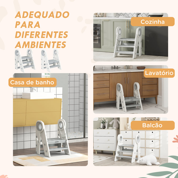 Banco para Crianças Dobrável Torre de Aprendizagem Escada para Crianças de 18-60 Meses Antiderrapante para Casa de Banho Cozinha Dormitório 46,5x47x61,5 cm Cinza e Branco