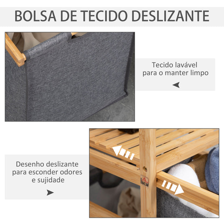 Cesto de Roupa Suja de Bambu Cesto de Roupa com 2 Bolsas de Tecido Amovíveis Prateleira Aberta 2 Alças Laterais 4 Rodas 42x35x84,5cm Cinza e Madeira