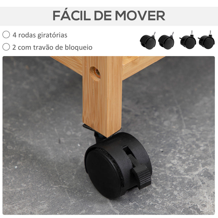 Cesto de Roupa Suja de Bambu Cesto de Roupa com 2 Bolsas de Tecido Amovíveis Prateleira Aberta 2 Alças Laterais 4 Rodas 42x35x84,5cm Cinza e Madeira