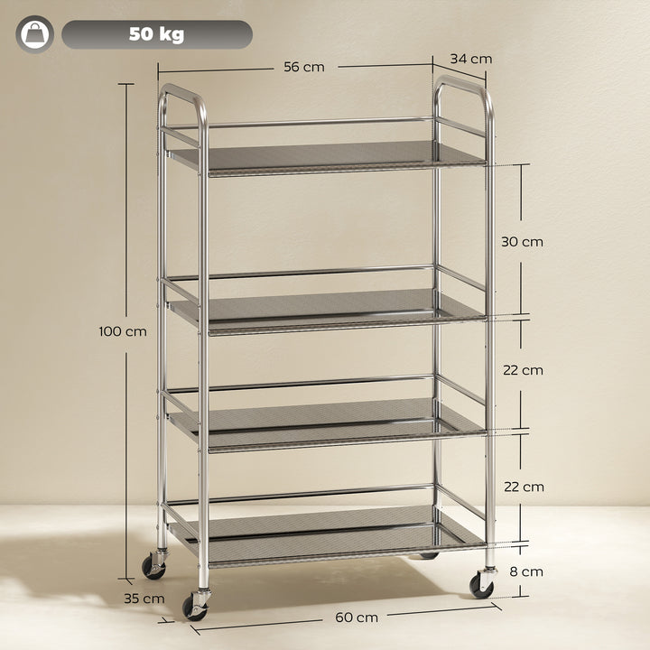 Carrinho Auxiliar com Rodas de Aço Inoxidável Carrinho de Serviço de 4 Níveis com Prateleira Ajustável 2 Rodas com Travão Carrinho para Cozinha 60x35x100 cm Prateado