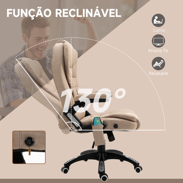 Cadeira de Massagem com 6 Pontos de Massagem Cadeira de Escritório Reclinável até 130° com Função de Aquecimento Altura Ajustável e Rodas para Estúdio 68x72x110-120 cm Marrom Claro