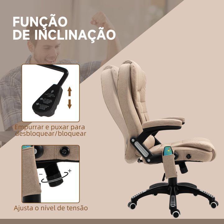 Cadeira de Massagem com 6 Pontos de Massagem Cadeira de Escritório Reclinável até 130° com Função de Aquecimento Altura Ajustável e Rodas para Estúdio 68x72x110-120 cm Marrom Claro