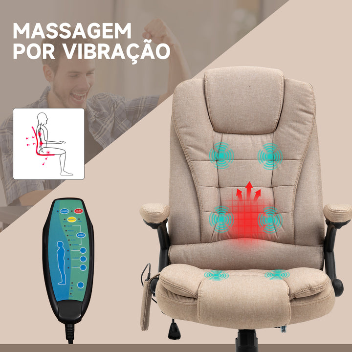 Cadeira de Massagem com 6 Pontos de Massagem Cadeira de Escritório Reclinável até 130° com Função de Aquecimento Altura Ajustável e Rodas para Estúdio 68x72x110-120 cm Marrom Claro