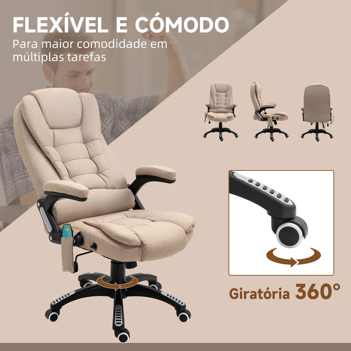Cadeira de Massagem com 6 Pontos de Massagem Cadeira de Escritório Reclinável até 130° com Função de Aquecimento Altura Ajustável e Rodas para Estúdio 68x72x110-120 cm Marrom Claro