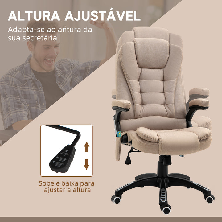 Cadeira de Massagem com 6 Pontos de Massagem Cadeira de Escritório Reclinável até 130° com Função de Aquecimento Altura Ajustável e Rodas para Estúdio 68x72x110-120 cm Marrom Claro