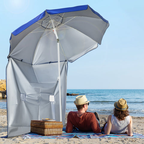 Chapéu de Sol de Praia com Painel Lateral Ø191x211 cm Chapéu de Sol de Praia com Manivela Manual Teto Inclinável 2 Bolsos e 2 Janelas para Jardim Piscina Azul