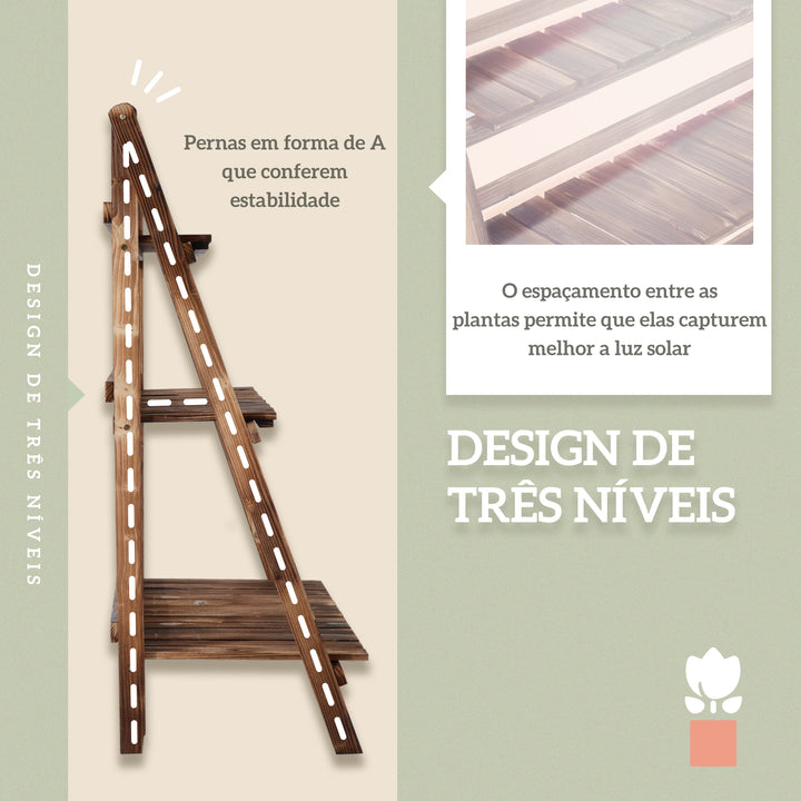 Suporte para Plantas de Madeira de 3 Níveis Prateleira Dobrável com Base de Ripas Suporte para Vasos para Interior e Exterior, Terraço e Jardim 100x37x93 cm Carbonizado