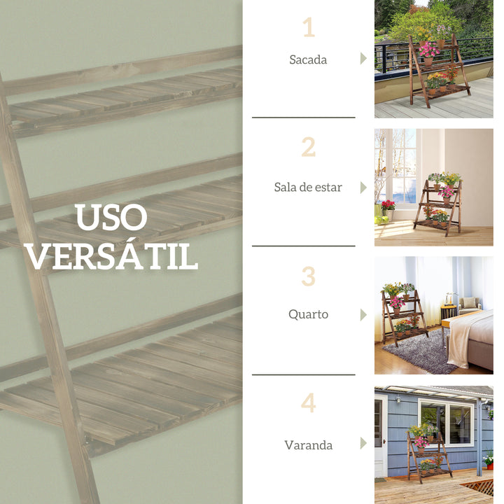 Suporte para Plantas de Madeira de 3 Níveis Prateleira Dobrável com Base de Ripas Suporte para Vasos para Interior e Exterior, Terraço e Jardim 100x37x93 cm Carbonizado