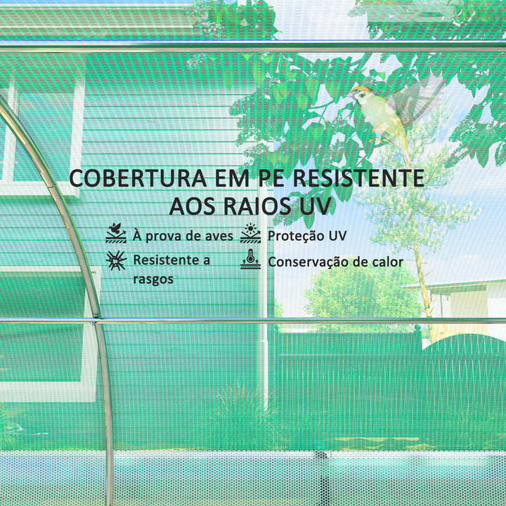 Estufa Tipo Túnel 447x200x198 cm Estufa de Exterior com Paredes Laterais Enroláveis Cobertura Extra 8 Janelas de Malha e 2 Portas Enroláveis Estufa de Jardim Pátio Verde