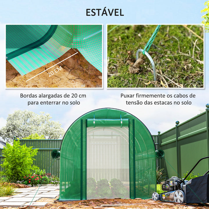 Estufa Tipo Túnel 447x200x198 cm Estufa de Exterior com Paredes Laterais Enroláveis Cobertura Extra 8 Janelas de Malha e 2 Portas Enroláveis Estufa de Jardim Pátio Verde