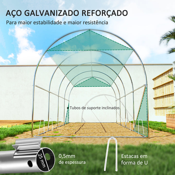 Estufa Tipo Túnel 447x200x198 cm Estufa de Exterior com Paredes Laterais Enroláveis Cobertura Extra 8 Janelas de Malha e 2 Portas Enroláveis Estufa de Jardim Pátio Verde