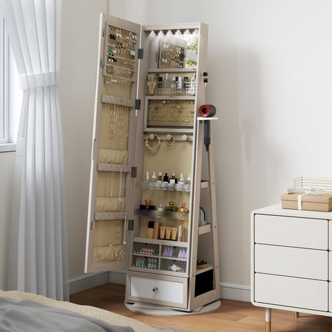 Espelho de Pé Giratório 360° com Espelho com Interior Iluminado Organizador de Jóias com Espelho de Corpo Inteiro Prateleiras e Gavetas para Quarto ou Closet 56x56x164 cm Madeira