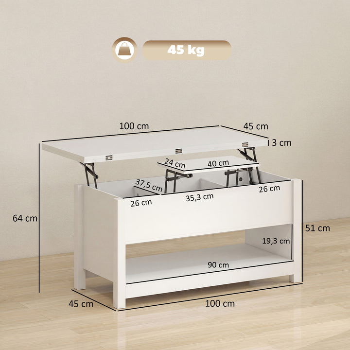 Mesa de Centro Elevatória e Extensível com Compartimentos Ocultos e Prateleira Aberta para Sala de Estar Escritório 100x90x64 cm Branco