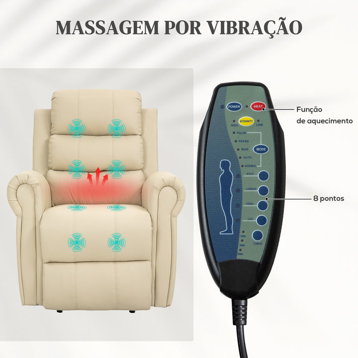 Poltrona Relax Reclinável Elétrica Levanta Pessoas com Massagem Vibratória e Aquecimento Poltrona Elevatória com Controlo Remoto Apoio para Pés Estofada em PU Bolsos Laterais 98x96x105 cm Creme