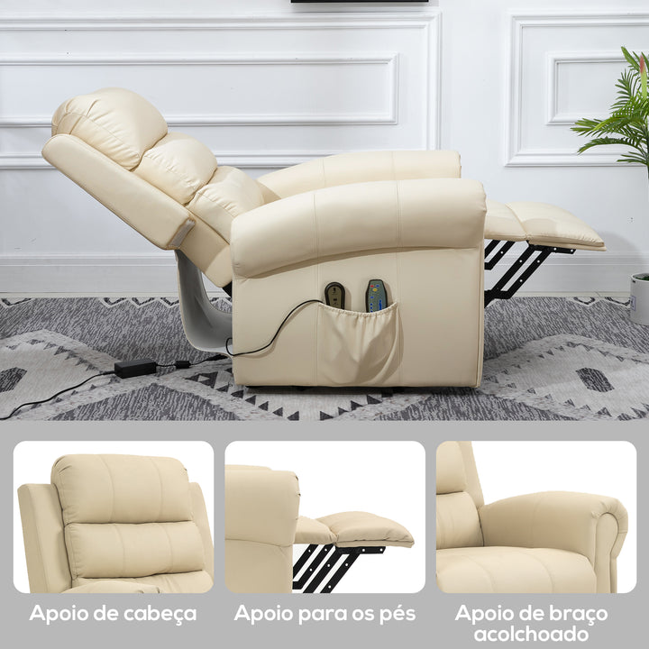 Poltrona Relax Reclinável Elétrica Levanta Pessoas com Massagem Vibratória e Aquecimento Poltrona Elevatória com Controlo Remoto Apoio para Pés Estofada em PU Bolsos Laterais 98x96x105 cm Creme