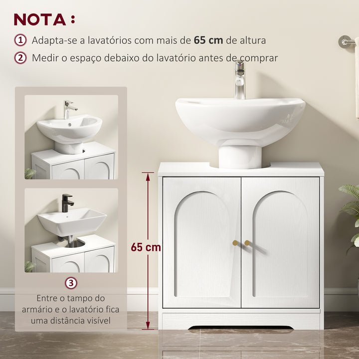 Móvel para Lavatório Pousar Móvel de Casa de Banho com 2 Portas com Desenho em Arco Prateleira Ajustável Puxadores Dourados para Lavatório com ou sem Pedestal 60x30x65 cm Branco