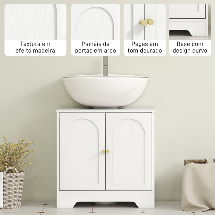 Móvel para Lavatório Pousar Móvel de Casa de Banho com 2 Portas com Desenho em Arco Prateleira Ajustável Puxadores Dourados para Lavatório com ou sem Pedestal 60x30x65 cm Branco