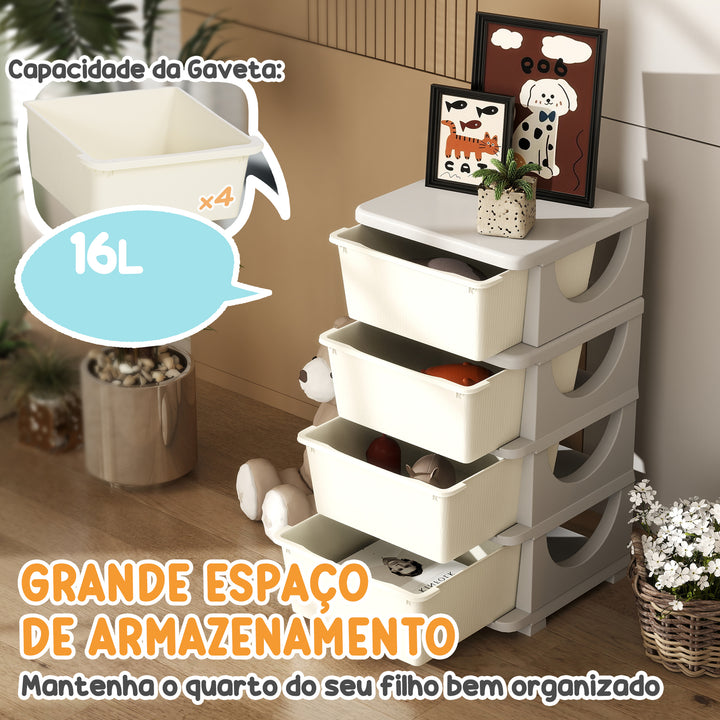 Organizador de Brinquedos com 4 Gavetas Torre de Arrumação para Crianças +3 Anos Cantos Arredondados e Pegas para Creche Sala de Brincar Quarto 37x37x76 cm Creme