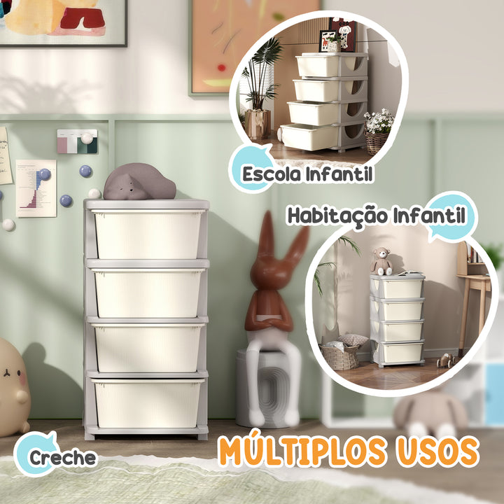 Organizador de Brinquedos com 4 Gavetas Torre de Arrumação para Crianças +3 Anos Cantos Arredondados e Pegas para Creche Sala de Brincar Quarto 37x37x76 cm Creme