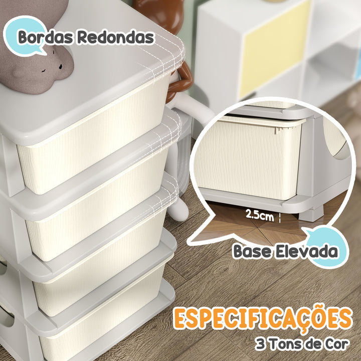 Organizador de Brinquedos com 4 Gavetas Torre de Arrumação para Crianças +3 Anos Cantos Arredondados e Pegas para Creche Sala de Brincar Quarto 37x37x76 cm Creme