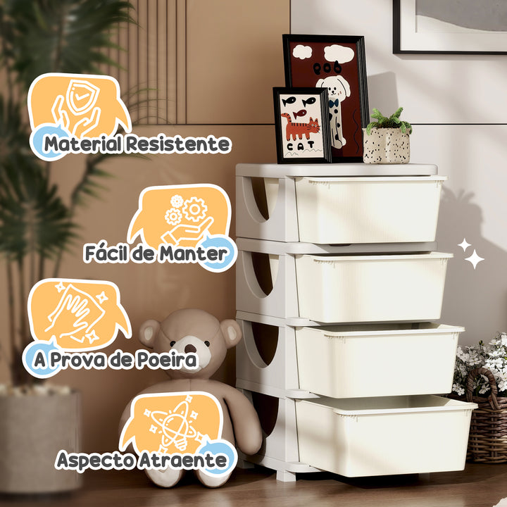 Organizador de Brinquedos com 4 Gavetas Torre de Arrumação para Crianças +3 Anos Cantos Arredondados e Pegas para Creche Sala de Brincar Quarto 37x37x76 cm Creme
