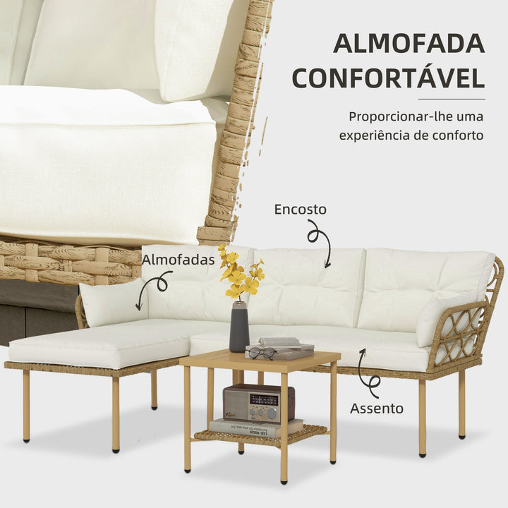 Conjunto de Jardim de 3 Peças em Vime Sintético Móveis de Jardim com 1 Sofá de 2 Lugares 1 Sofá de Canto e 1 Mesa de Centro Metálica para Pátio Natural e Creme
