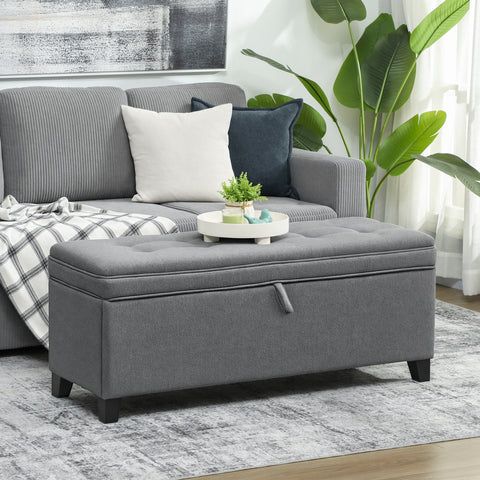 Puff de Armazenamento Banco 112L Estofado em Linho com 2 Dobradiças de Segurança Tampa Rebatível e Assento com Capitonê para Quarto Sala de Estar Entrada Carga 120 kg 120x40x48 cm Cinza Escuro