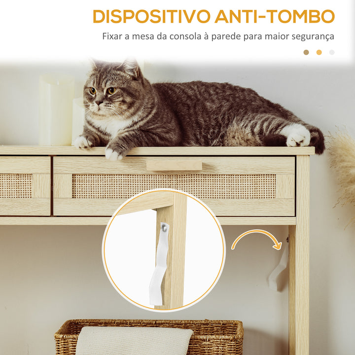 Mesa consola tipo aparador em malha com 2 gavetas e prateleira inferior para o corredor Quarto sala de estar 100x30x76 cm Natural