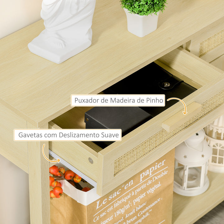 Mesa consola tipo aparador em malha com 2 gavetas e prateleira inferior para o corredor Quarto sala de estar 100x30x76 cm Natural