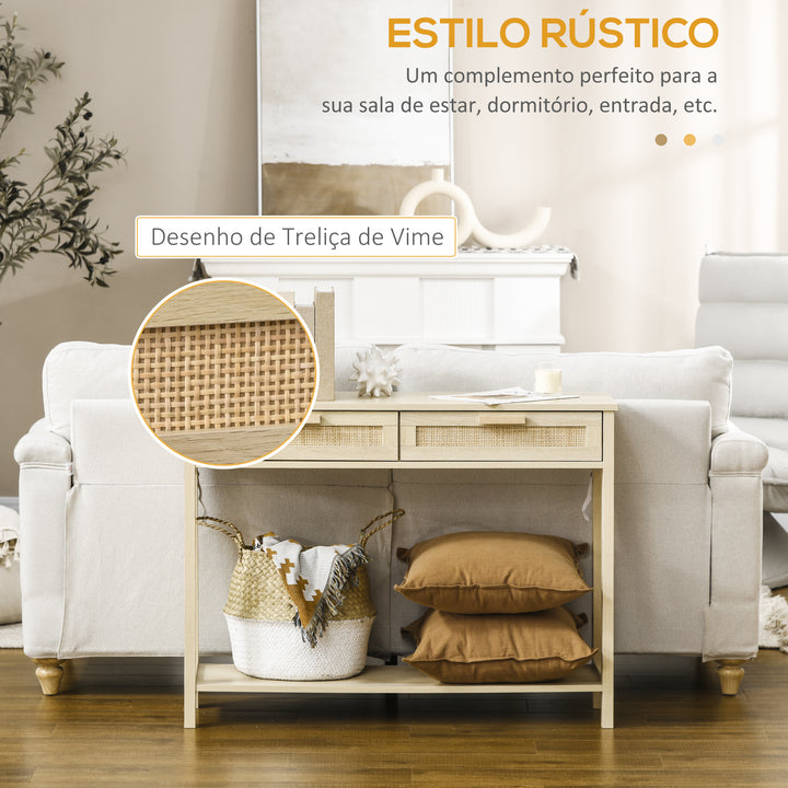 Mesa consola tipo aparador em malha com 2 gavetas e prateleira inferior para o corredor Quarto sala de estar 100x30x76 cm Natural
