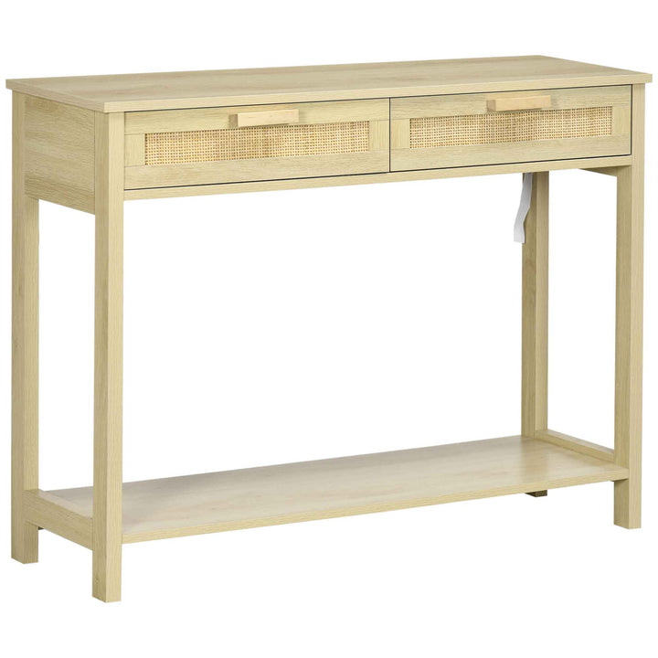 Mesa consola tipo aparador em malha com 2 gavetas e prateleira inferior para o corredor Quarto sala de estar 100x30x76 cm Natural