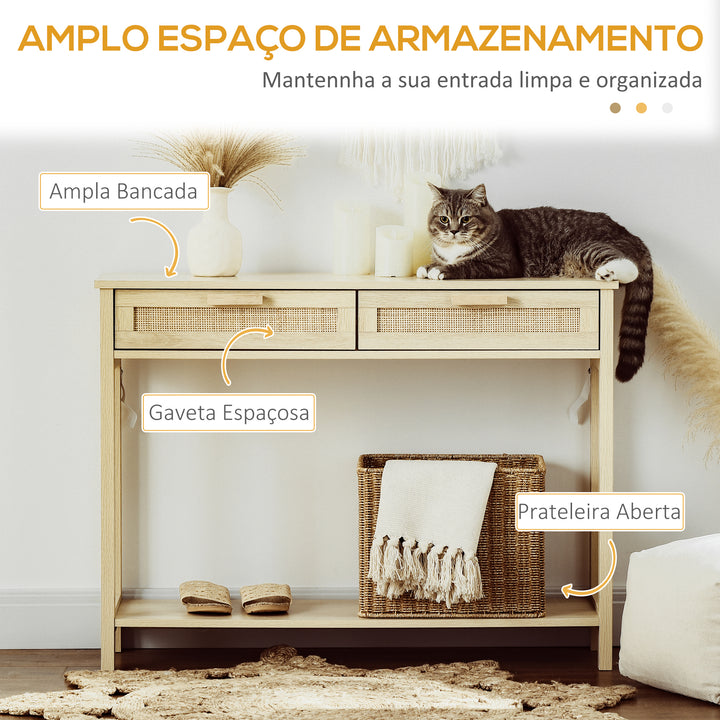 Mesa consola tipo aparador em malha com 2 gavetas e prateleira inferior para o corredor Quarto sala de estar 100x30x76 cm Natural