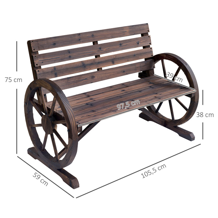 Banco de madeira ao ar livre com apoio de braços em forma de roda Vista envelhecida para varanda Terraço 105,5x56x75 cm Marrom rústico