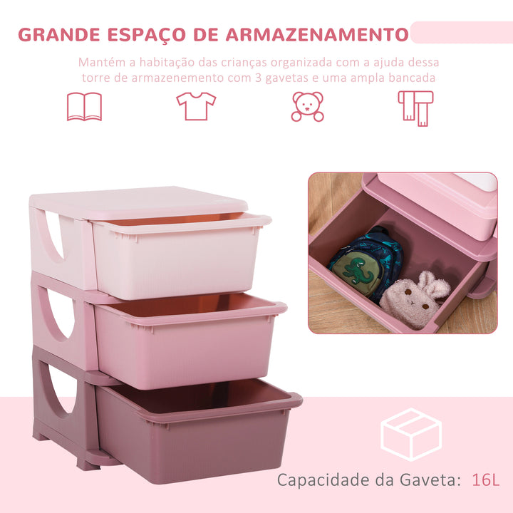 organizador de brinquedos Infantil para crianças acima de 3 anos com 3 Gavetas e Alças amplo espaço de armazenamento para Brinquedos Roupas Livros 37x37x56,5 cm Rosa
