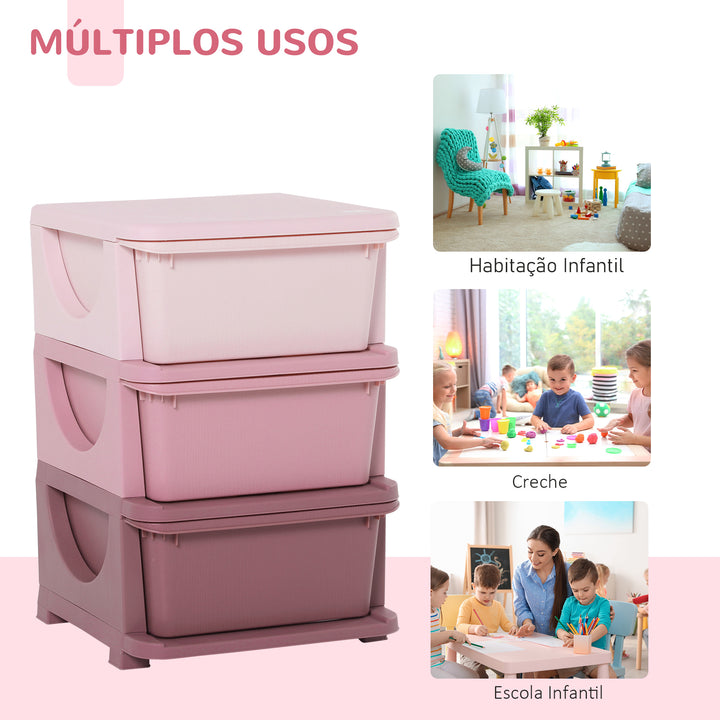 organizador de brinquedos Infantil para crianças acima de 3 anos com 3 Gavetas e Alças amplo espaço de armazenamento para Brinquedos Roupas Livros 37x37x56,5 cm Rosa