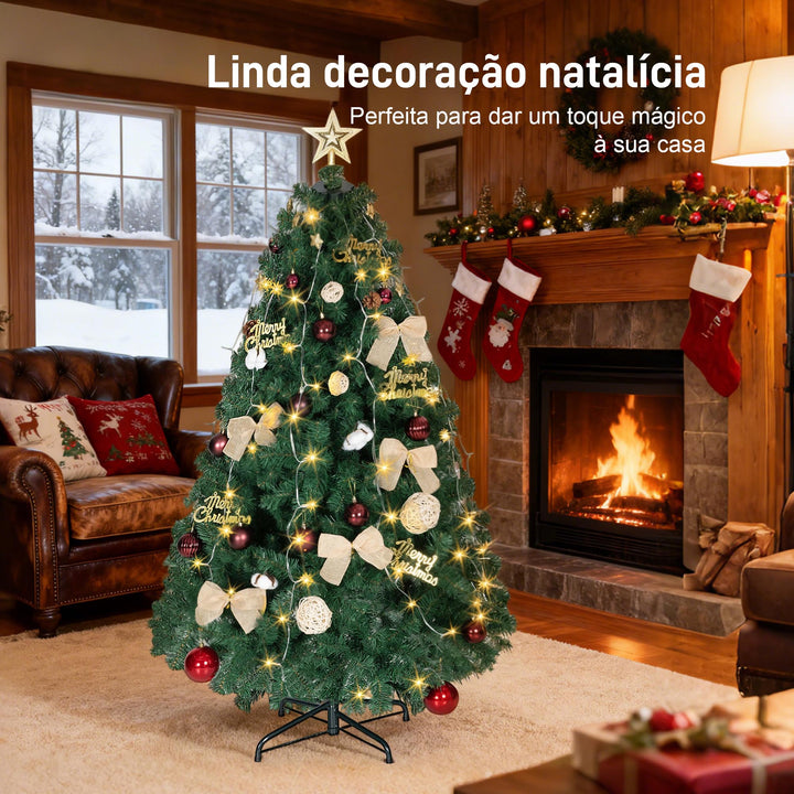 Árvore de Natal de 150 cm com Decorações 150 Luzes LED Branco Quente Árvore de Natal Decorada com 8 Modos de Iluminação 480 Ramos Suporte de Aço Decoração para Casa Festa Interior Verde