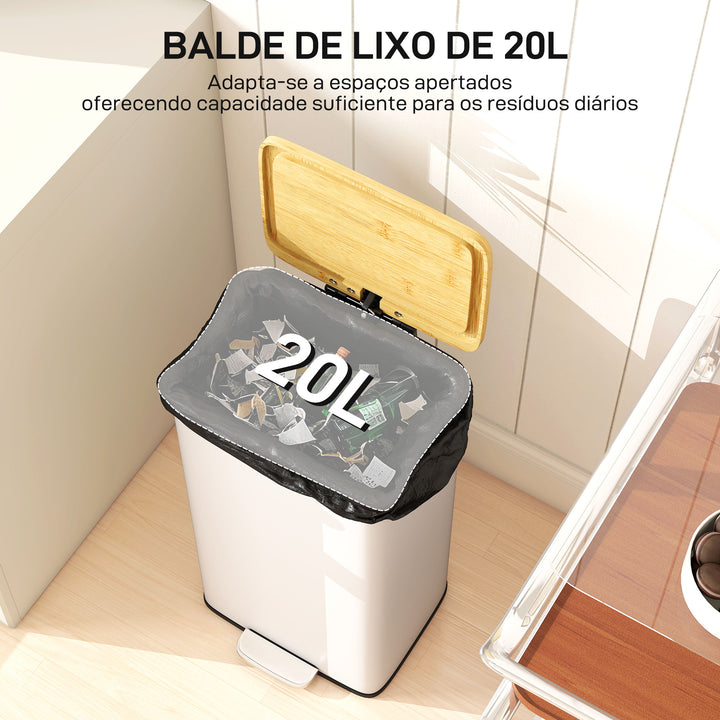 Balde de Lixo de Cozinha com Pedal 20L Tampa de Bambu com Fecho Suave Balde de Cozinha com Balde Interior Removível Anti-Impressões Digitais 29,5x29,5x56,8 cm Branco e Madeira