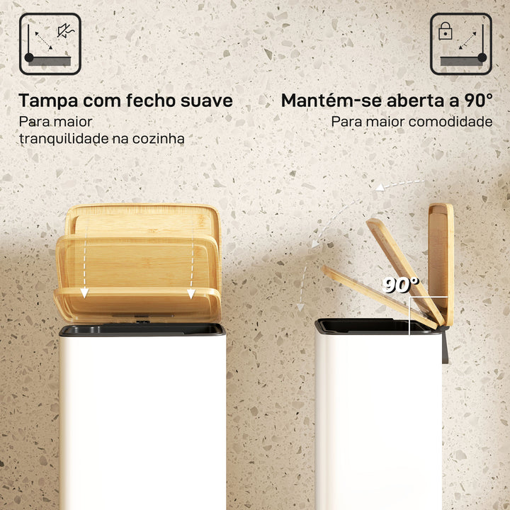 Balde de Lixo de Cozinha com Pedal 20L Tampa de Bambu com Fecho Suave Balde de Cozinha com Balde Interior Removível Anti-Impressões Digitais 29,5x29,5x56,8 cm Branco e Madeira