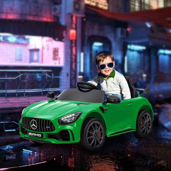 Carro Elétrico para Crianças acima de 3 Anos Carro Mercedes-Benz AMG GTR Carro Elétrico Infantil com Bateria 12V Controlo Remoto Faróis Buzina e Música 108x67x46 cm Verde