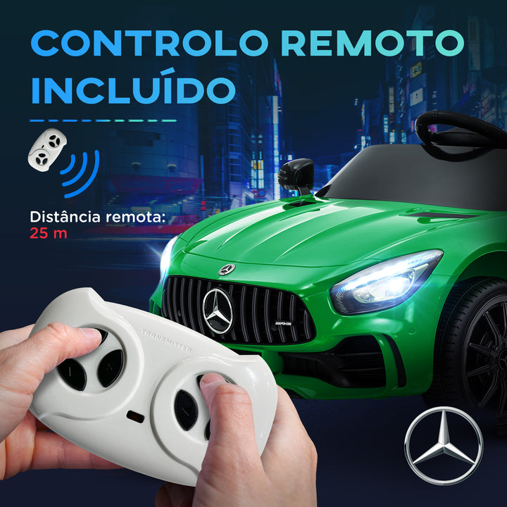 Carro Elétrico para Crianças acima de 3 Anos Carro Mercedes-Benz AMG GTR Carro Elétrico Infantil com Bateria 12V Controlo Remoto Faróis Buzina e Música 108x67x46 cm Verde